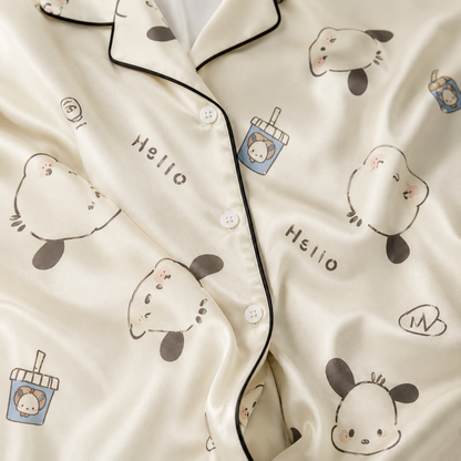 PJ-M089-Cream White Aesthetic Cartoon Puppy Pattern Satin Casual Women Sleepwear Match Pajama Set