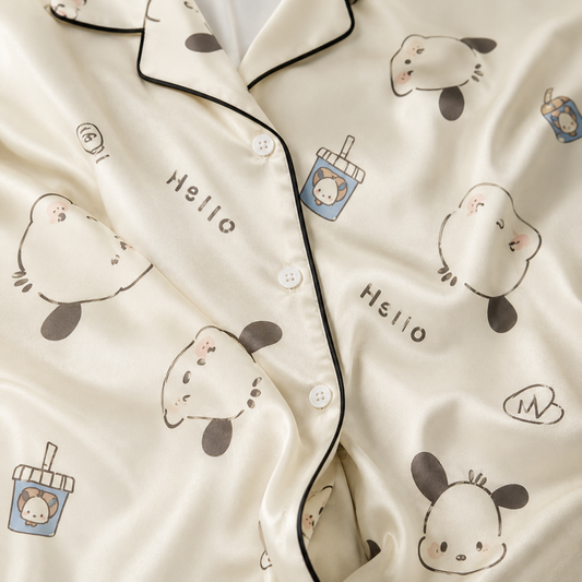 PJ-M089-Cream White Aesthetic Cartoon Puppy Pattern Satin Casual Women Sleepwear Match Pajama Set