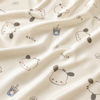PJ-M089-Cream White Aesthetic Cartoon Puppy Pattern Satin Casual Women Sleepwear Match Pajama Set