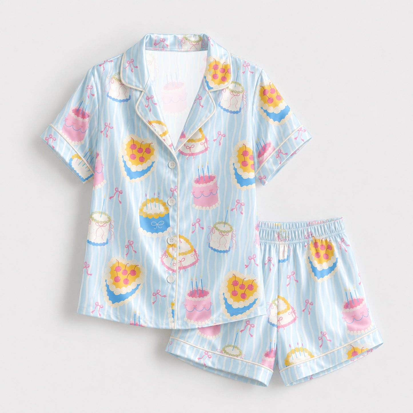 PJ-M107-Blue Satin Cake Pajama Apparel, Pink Stripe Pattern Short Sleeve Loungewear Sleepwear Collection Clothing