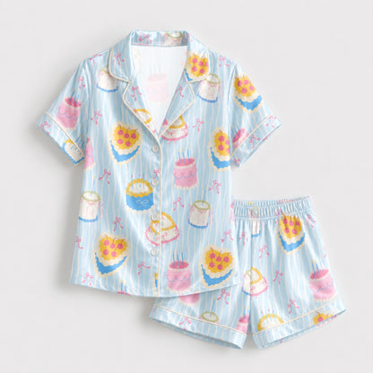 PJ-M107-Blue Satin Cake Pajama Apparel, Pink Stripe Pattern Short Sleeve Loungewear Sleepwear Collection Clothing