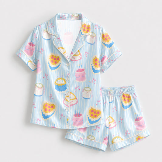 PJ-M107-Blue Satin Cake Pajama Apparel, Pink Stripe Pattern Short Sleeve Loungewear Sleepwear Collection Clothing