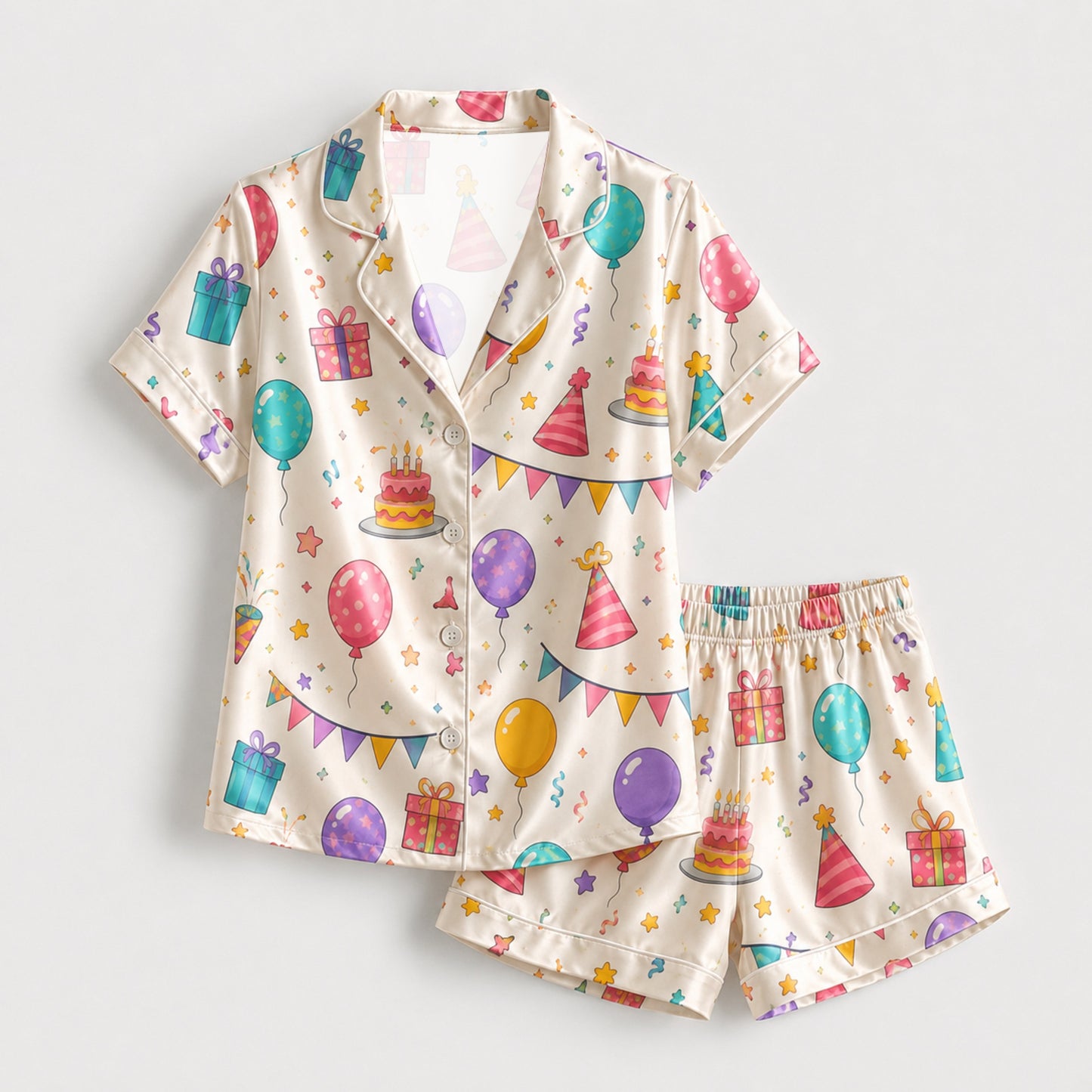 PJ-M108-Alabaster Silk Celebration Pajama Apparel, Cake Graphic Short Sleeve Loungewear Sleepwear Collection Raiment
