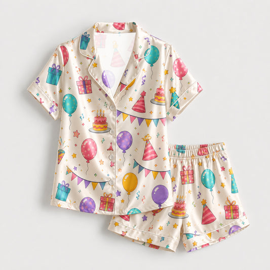 PJ-M108-Alabaster Silk Celebration Pajama Apparel, Cake Graphic Short Sleeve Loungewear Sleepwear Collection Raiment