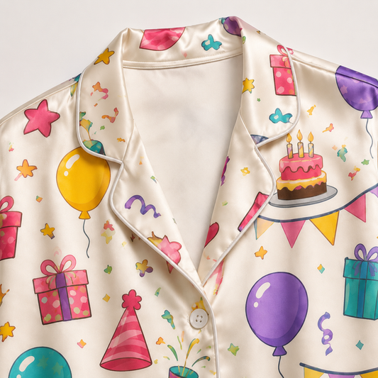 PJ-M108-Alabaster Silk Celebration Pajama Apparel, Cake Graphic Short Sleeve Loungewear Sleepwear Collection Raiment