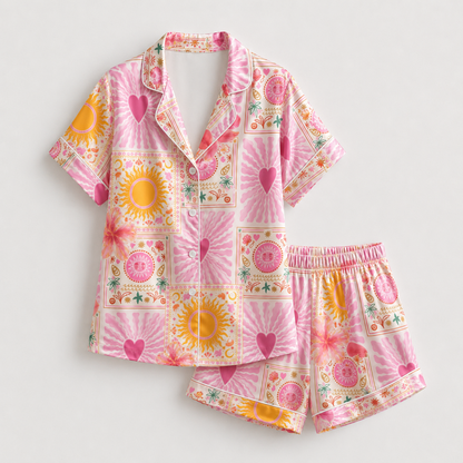 PJ-M109-Magenta Poly Hippie Pajama Apparel, Sweet Tropical Printed Short Sleeve Loungewear Sleepwear Collection Attire