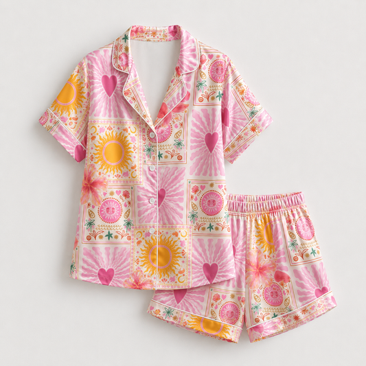 PJ-M109-Magenta Poly Hippie Pajama Apparel, Sweet Tropical Printed Short Sleeve Loungewear Sleepwear Collection Attire