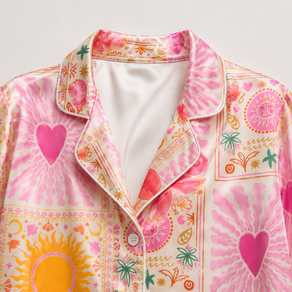 PJ-M109-Magenta Poly Hippie Pajama Apparel, Sweet Tropical Printed Short Sleeve Loungewear Sleepwear Collection Attire
