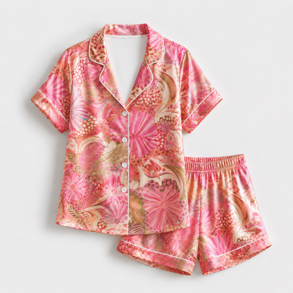 PJ-M110-Pink Satin Retro Pajama Apparel, Coral Floral Pattern Short Sleeve Loungewear Sleepwear Collection Clothing