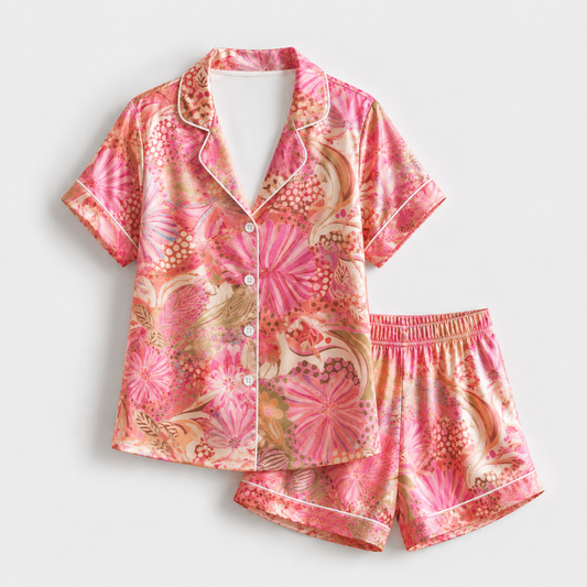 PJ-M110-Pink Satin Retro Pajama Apparel, Coral Floral Pattern Short Sleeve Loungewear Sleepwear Collection Clothing