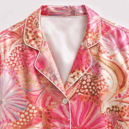 PJ-M110-Pink Satin Retro Pajama Apparel, Coral Floral Pattern Short Sleeve Loungewear Sleepwear Collection Clothing
