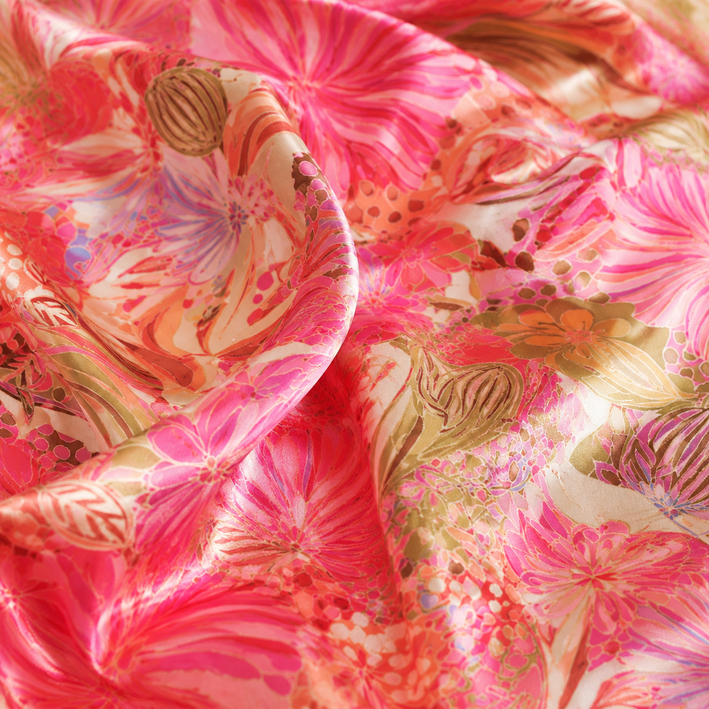 PJ-M110-Pink Satin Retro Pajama Apparel, Coral Floral Pattern Short Sleeve Loungewear Sleepwear Collection Clothing