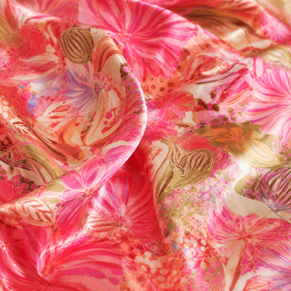 PJ-M110-Pink Satin Retro Pajama Apparel, Coral Floral Pattern Short Sleeve Loungewear Sleepwear Collection Clothing