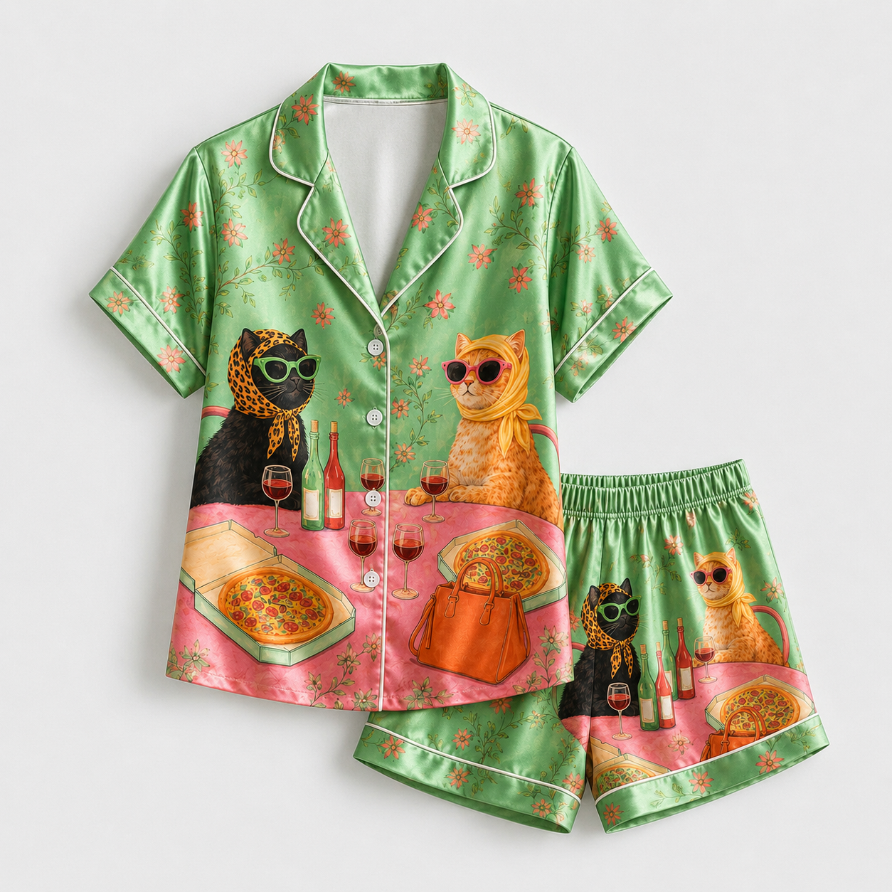 PJ-M111-Sage Silk Feline Pajama Apparel, Colorful Wine Graphic Short Sleeve Loungewear Sleepwear Collection Raiment