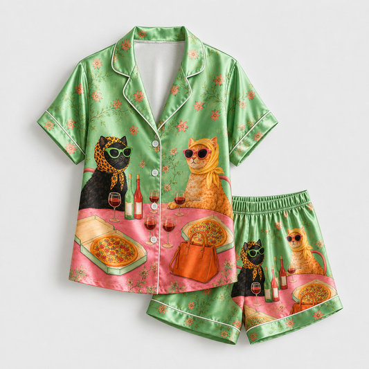 PJ-M111-Sage Silk Feline Pajama Apparel, Colorful Wine Graphic Short Sleeve Loungewear Sleepwear Collection Raiment