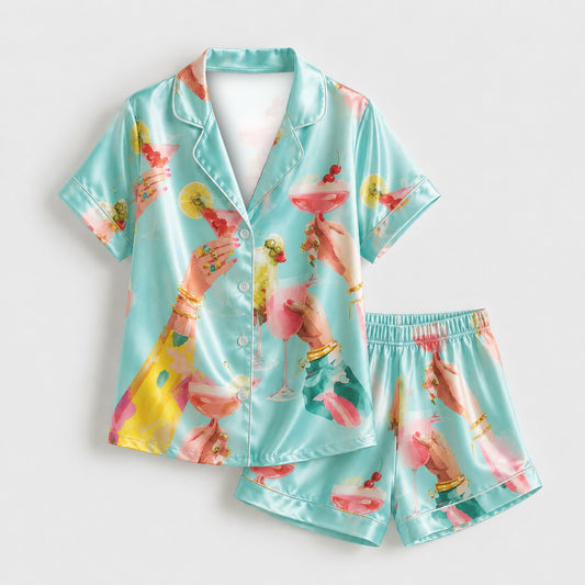 PJ-M112-Cerulean Satin Novelty Pajama Apparel, Elegant Martini Layout Short Sleeve Loungewear Sleepwear Collection Garments