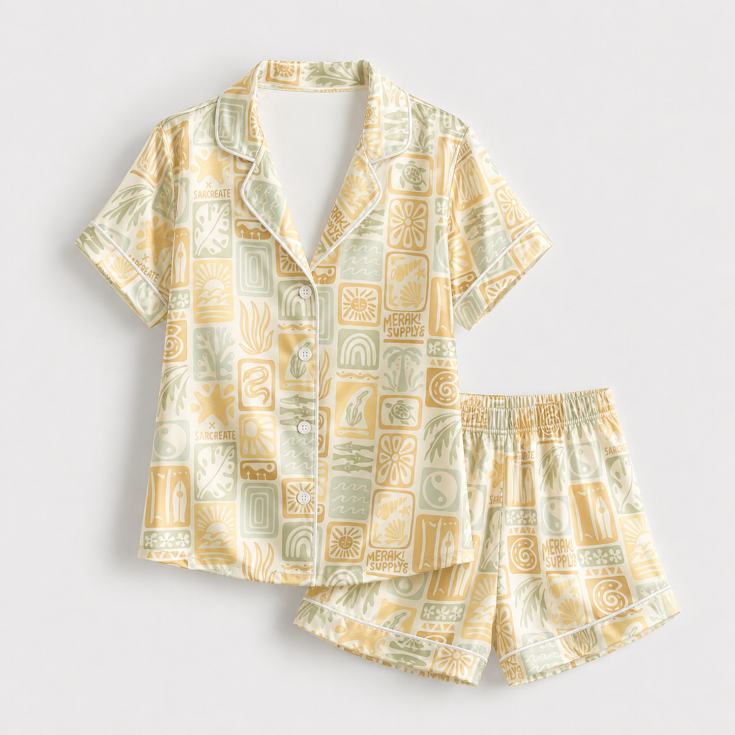 PJ-M126-Sage Poly Boho Pajama Apparel, Sweet Tropical Printed Short Sleeve Loungewear Sleepwear Collection Attire