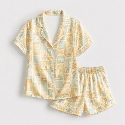 PJ-M126-Sage Poly Boho Pajama Apparel, Sweet Tropical Printed Short Sleeve Loungewear Sleepwear Collection Attire