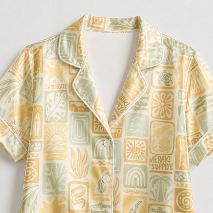 PJ-M126-Sage Poly Boho Pajama Apparel, Sweet Tropical Printed Short Sleeve Loungewear Sleepwear Collection Attire
