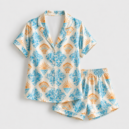 PJ-M127-Coastal Shell Sunrise Satin Pajama Set Ocean Wave Loungewear
