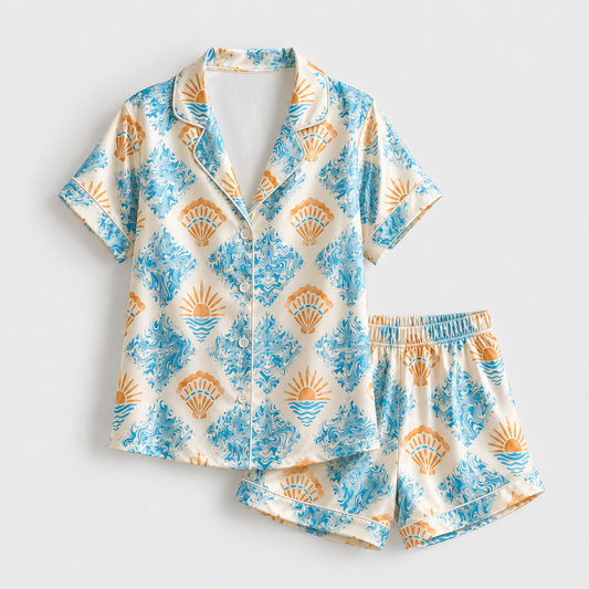 PJ-M127-Coastal Shell Sunrise Satin Pajama Set Ocean Wave Loungewear
