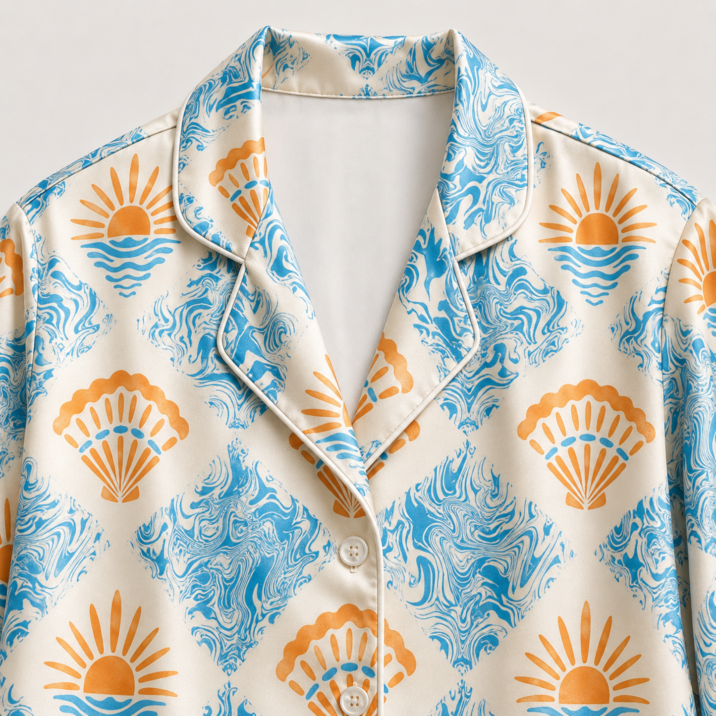 PJ-M127-Coastal Shell Sunrise Satin Pajama Set Ocean Wave Loungewear