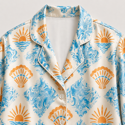 PJ-M127-Coastal Shell Sunrise Satin Pajama Set Ocean Wave Loungewear