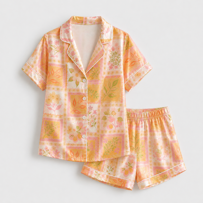 PJ-M128-Peach Satin Floral Pajama Apparel, Orange Patchwork Pattern Sleeve Loungewear Sleepwear Collection Clothing