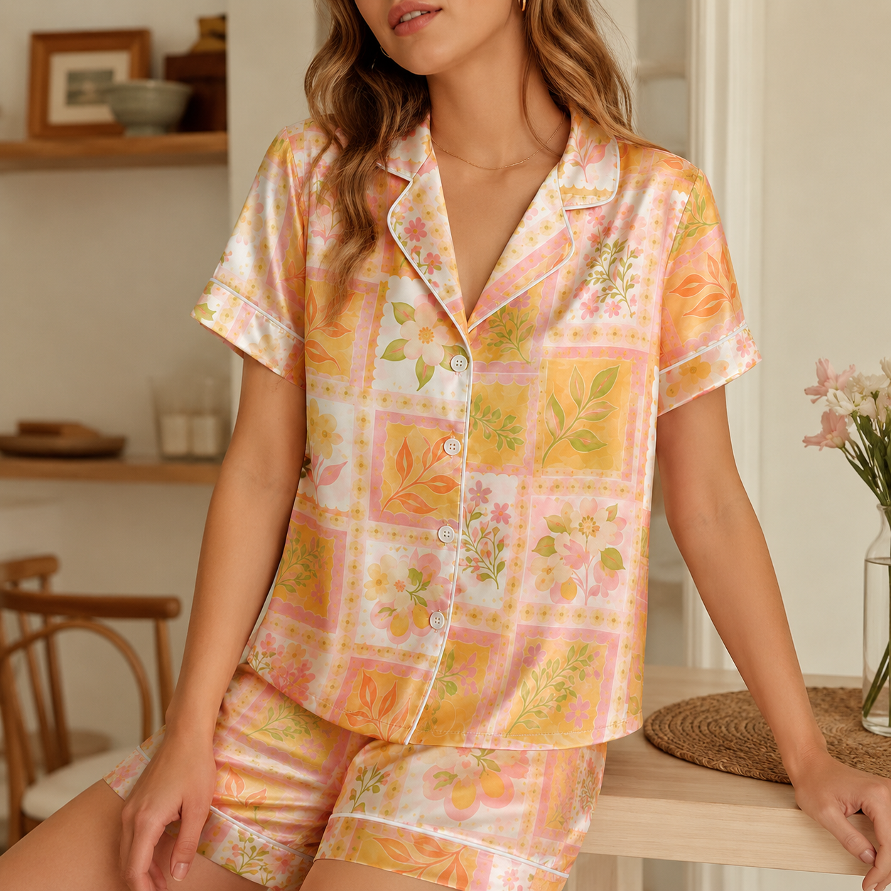 PJ-M128-Peach Satin Floral Pajama Apparel, Orange Patchwork Pattern Sleeve Loungewear Sleepwear Collection Clothing