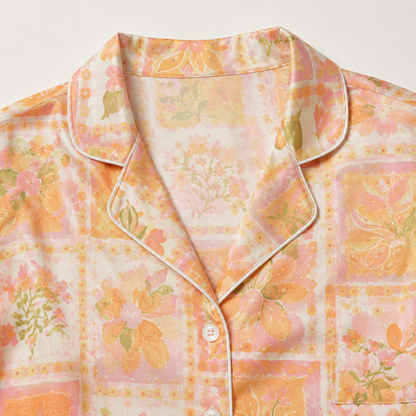PJ-M128-Peach Satin Floral Pajama Apparel, Orange Patchwork Pattern Sleeve Loungewear Sleepwear Collection Clothing