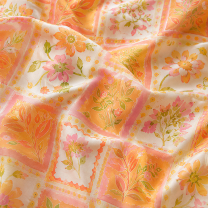 PJ-M128-Peach Satin Floral Pajama Apparel, Orange Patchwork Pattern Sleeve Loungewear Sleepwear Collection Clothing