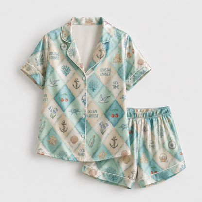 PJ-M129-Turquoise Satin Coastal Pajama Apparel, Nautical Diamond Pattern Sleeve Loungewear Sleepwear Collection Clothing