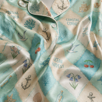 PJ-M129-Turquoise Satin Coastal Pajama Apparel, Nautical Diamond Pattern Sleeve Loungewear Sleepwear Collection Clothing