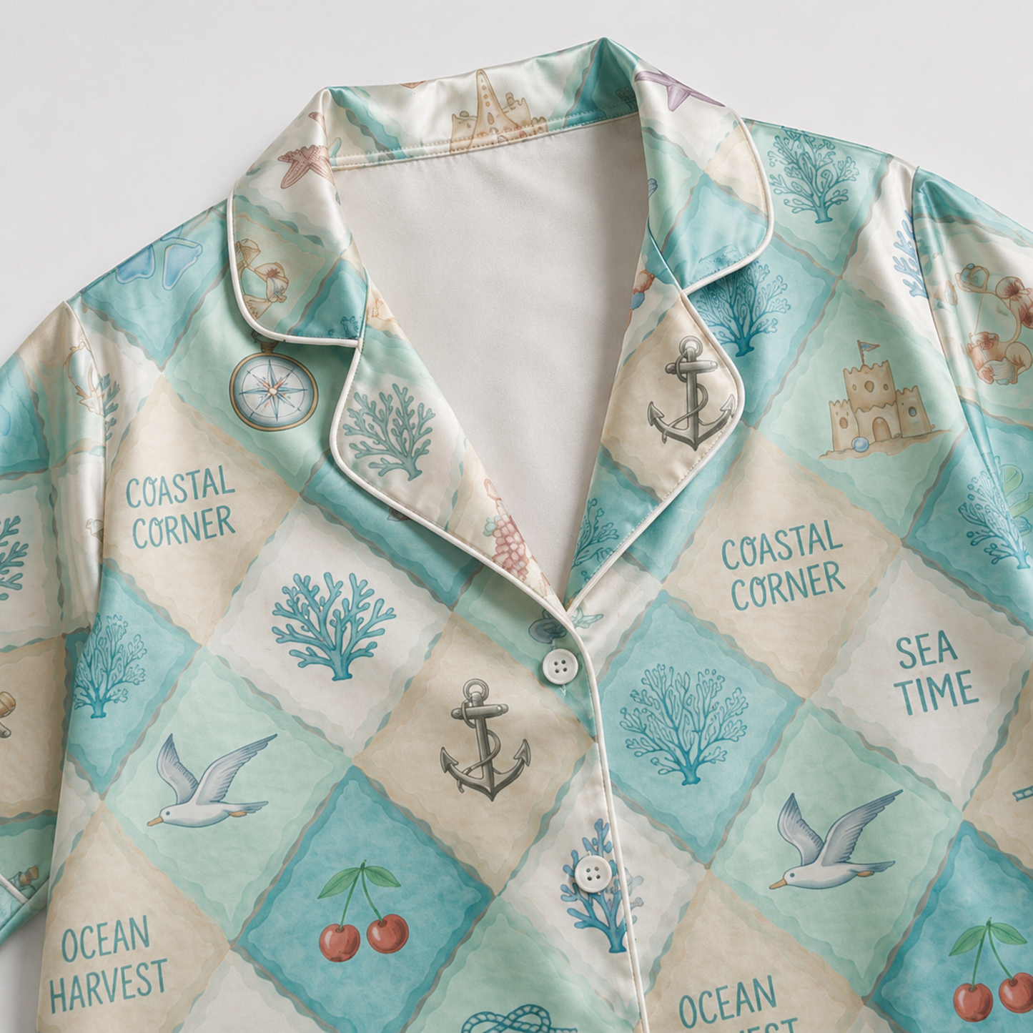 PJ-M129-Turquoise Satin Coastal Pajama Apparel, Nautical Diamond Pattern Sleeve Loungewear Sleepwear Collection Clothing