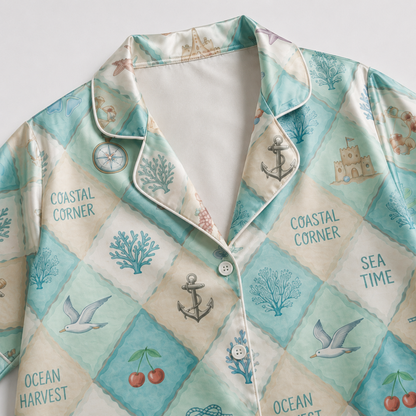 PJ-M129-Turquoise Satin Coastal Pajama Apparel, Nautical Diamond Pattern Sleeve Loungewear Sleepwear Collection Clothing