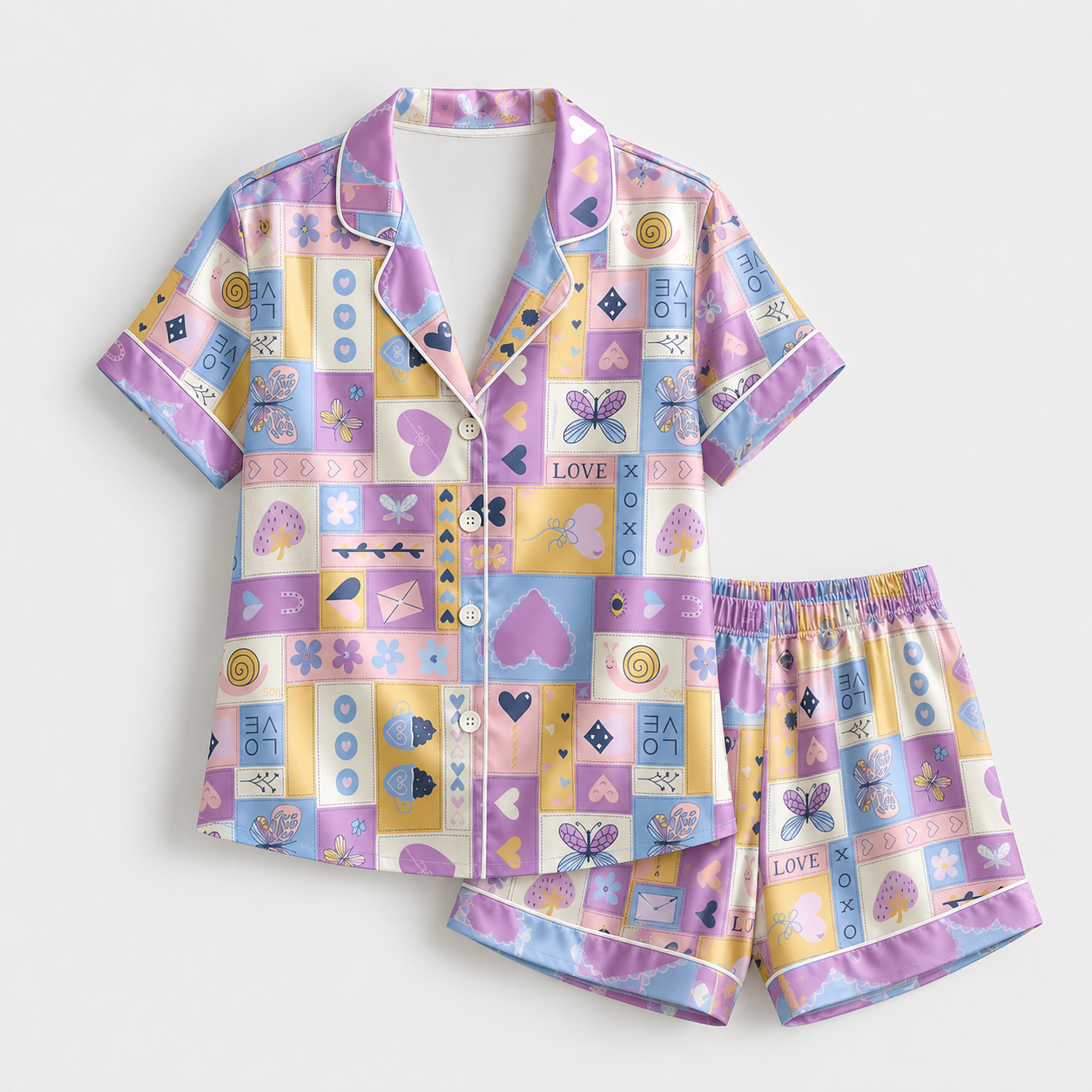 PJ-M130-Purple Satin Patchwork Pajama Apparel, Pastel Heart Pattern Sleeve Loungewear Sleepwear Collection Clothing