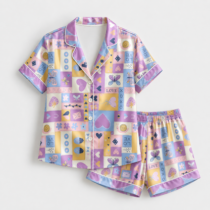 PJ-M130-Purple Satin Patchwork Pajama Apparel, Pastel Heart Pattern Sleeve Loungewear Sleepwear Collection Clothing