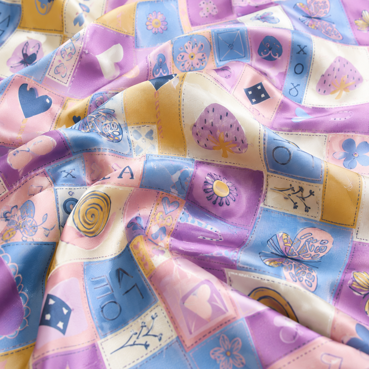 PJ-M130-Purple Satin Patchwork Pajama Apparel, Pastel Heart Pattern Sleeve Loungewear Sleepwear Collection Clothing