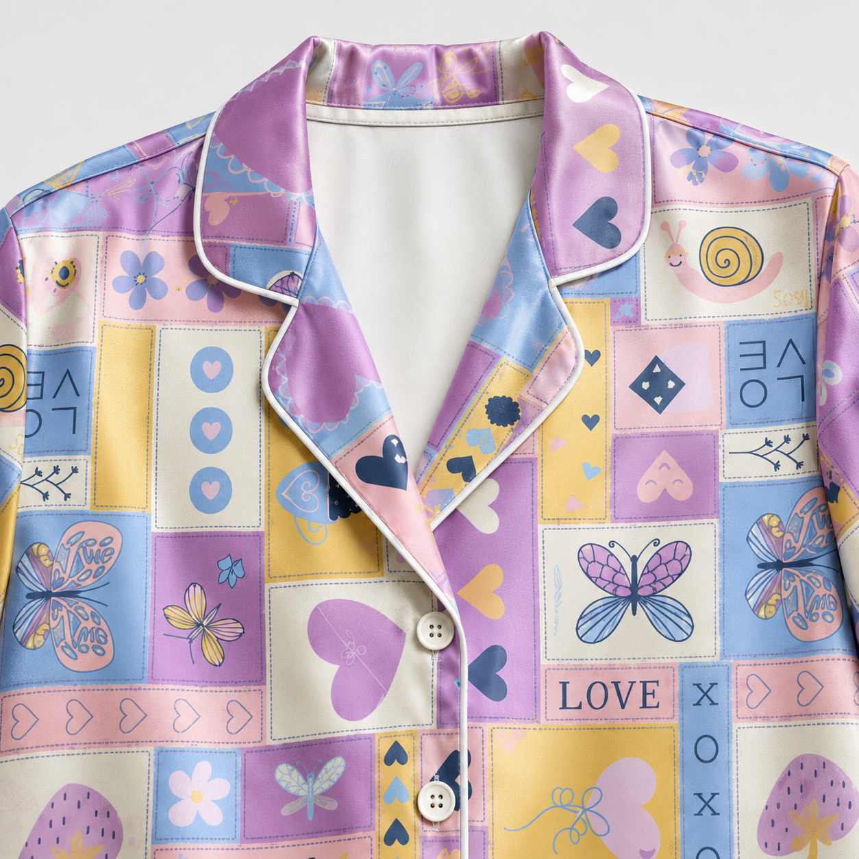 PJ-M130-Purple Satin Patchwork Pajama Apparel, Pastel Heart Pattern Sleeve Loungewear Sleepwear Collection Clothing