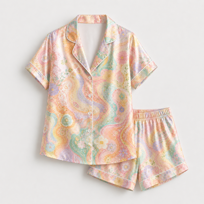 PJ-M131-Lavender Poly Botanical Pajama Apparel, Sweet Marble Printed Short Sleeve Loungewear Sleepwear Collection Attire