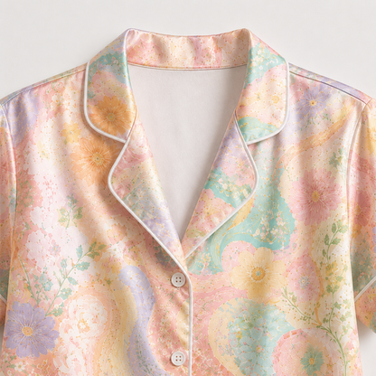 PJ-M131-Lavender Poly Botanical Pajama Apparel, Sweet Marble Printed Short Sleeve Loungewear Sleepwear Collection Attire
