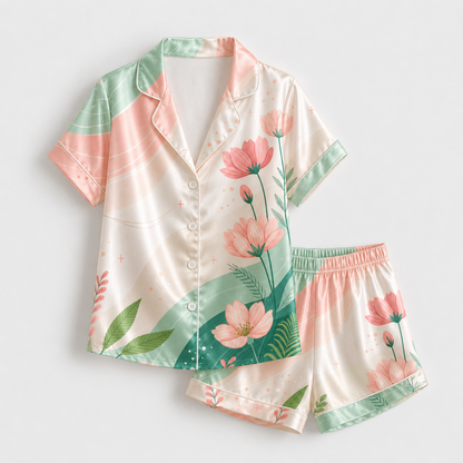 PJ-M132-Ivory Poly Garden Pajama Apparel, Sweet Lotus Printed Short Sleeve Loungewear Sleepwear Collection Attire