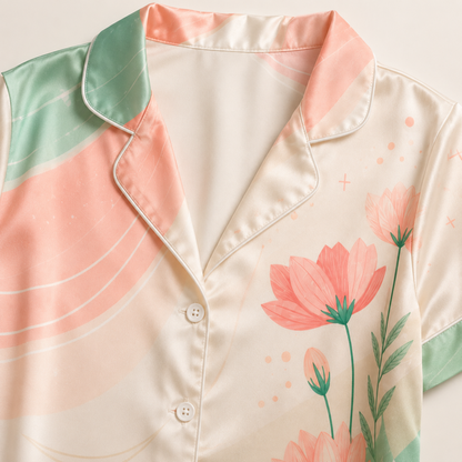 PJ-M132-Ivory Poly Garden Pajama Apparel, Sweet Lotus Printed Short Sleeve Loungewear Sleepwear Collection Attire