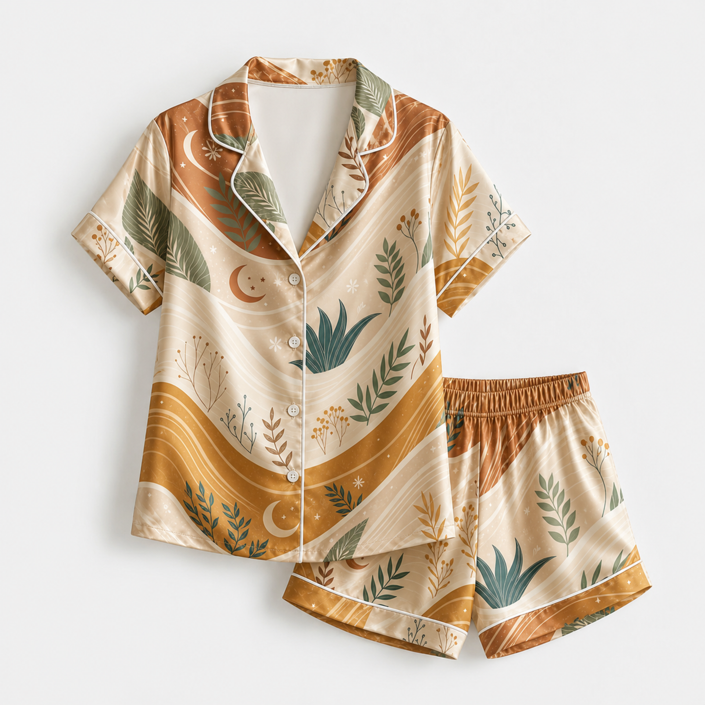 PJ-M133-Ochre Satin Geometric Pajama Apparel, Elegant Foliage Layout Short Sleeve Loungewear Sleepwear Collection Garments