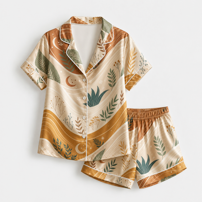 PJ-M133-Ochre Satin Geometric Pajama Apparel, Elegant Foliage Layout Short Sleeve Loungewear Sleepwear Collection Garments