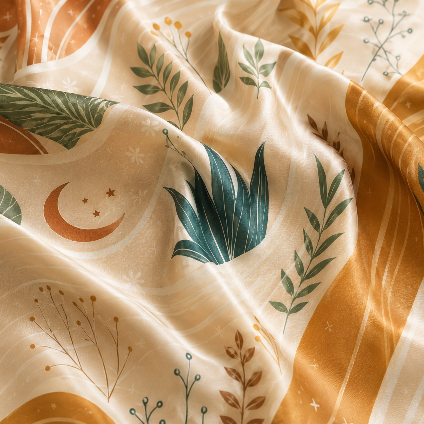 PJ-M133-Ochre Satin Geometric Pajama Apparel, Elegant Foliage Layout Short Sleeve Loungewear Sleepwear Collection Garments