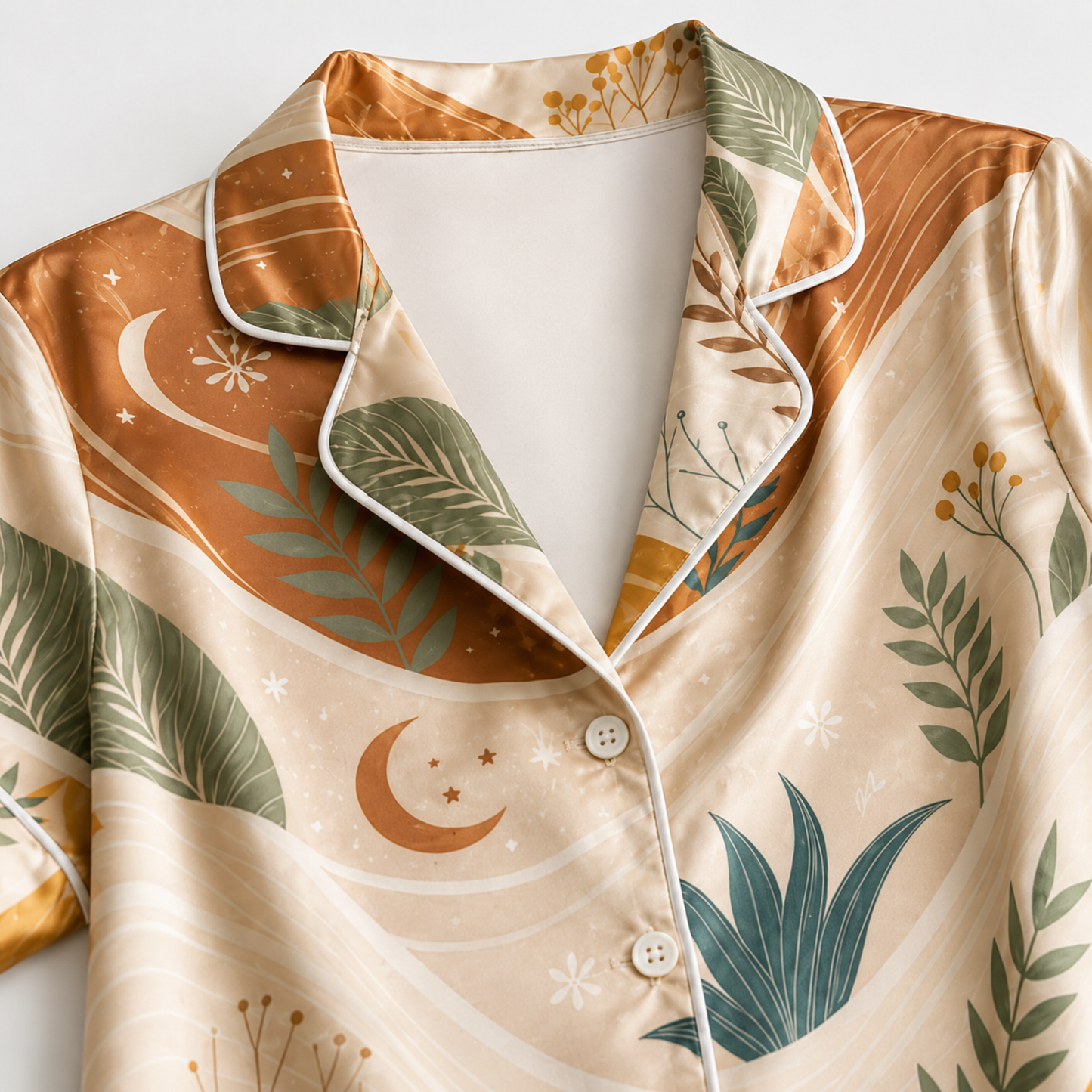 PJ-M133-Ochre Satin Geometric Pajama Apparel, Elegant Foliage Layout Short Sleeve Loungewear Sleepwear Collection Garments