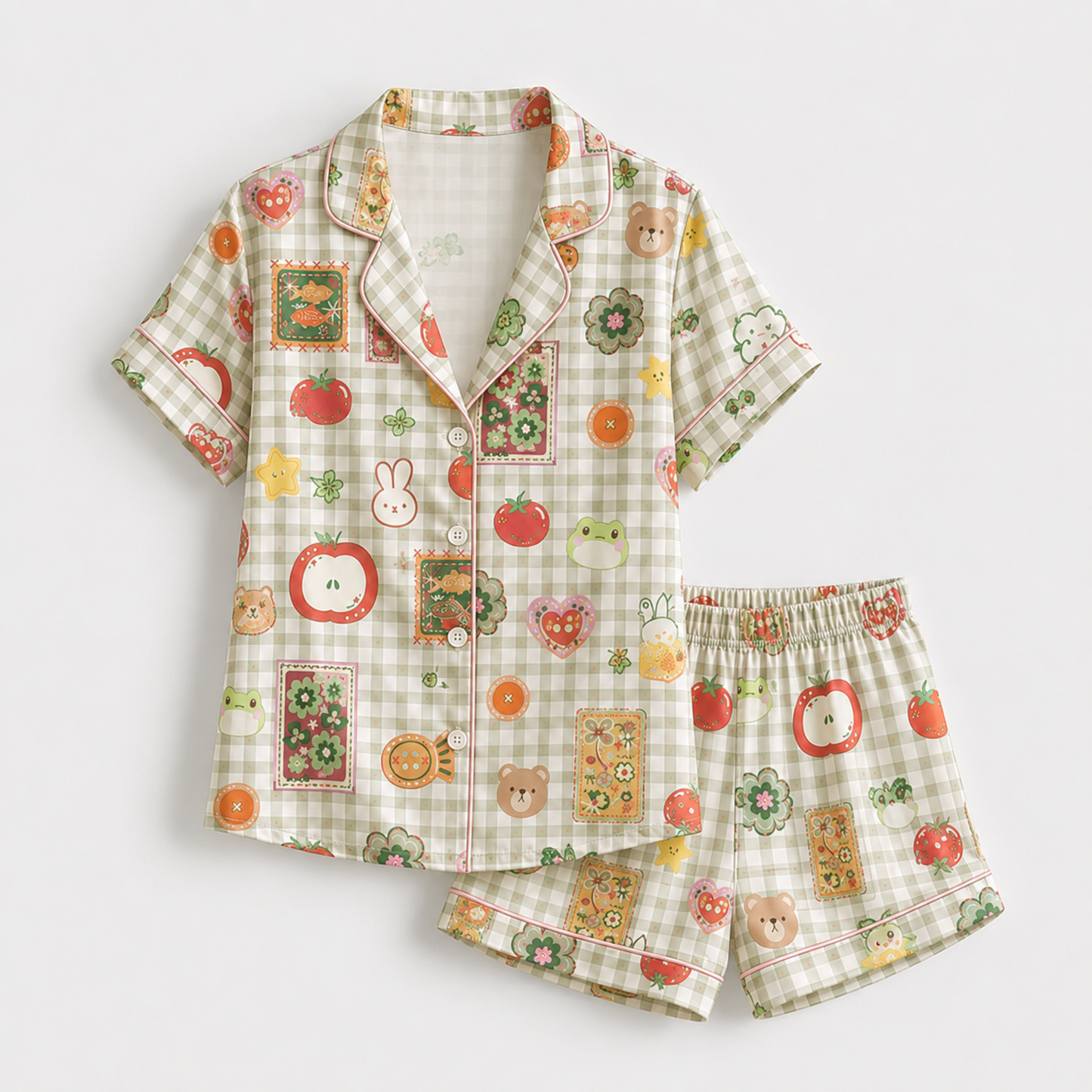 PJ-M135-Green Satin Gingham Pajama Apparel, Cute Bear Pattern Short Sleeve Loungewear Sleepwear Collection Clothing