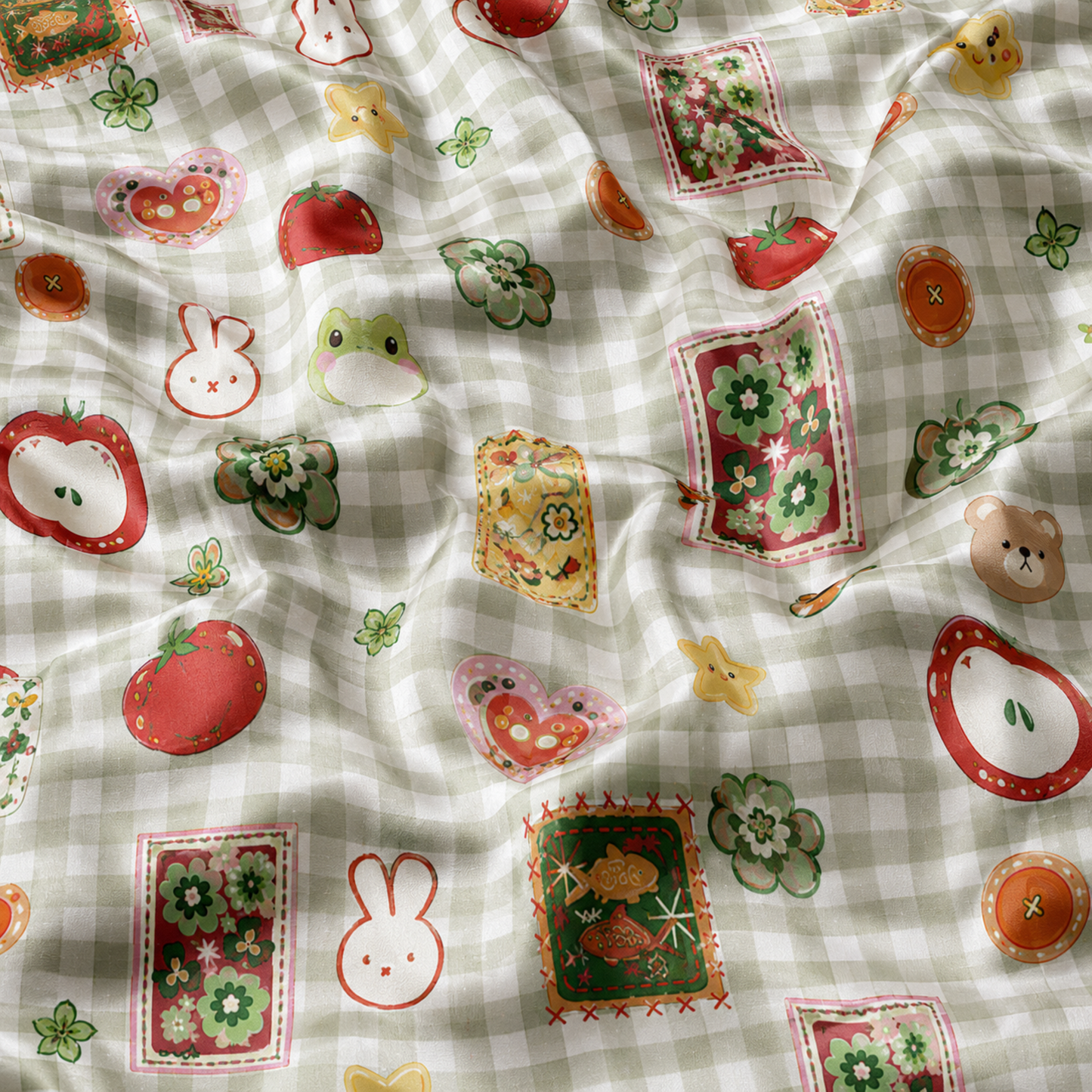 PJ-M135-Green Satin Gingham Pajama Apparel, Cute Bear Pattern Short Sleeve Loungewear Sleepwear Collection Clothing