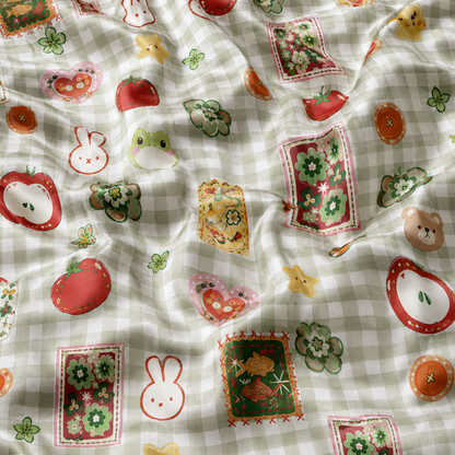 PJ-M135-Green Satin Gingham Pajama Apparel, Cute Bear Pattern Short Sleeve Loungewear Sleepwear Collection Clothing